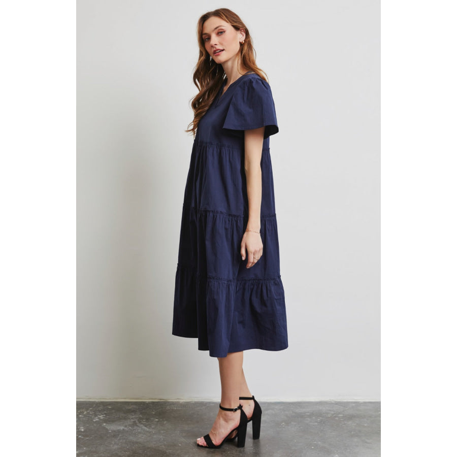 HEYSON Full Size Cotton Poplin Ruffled Tiered Midi Dress Apparel and Accessories