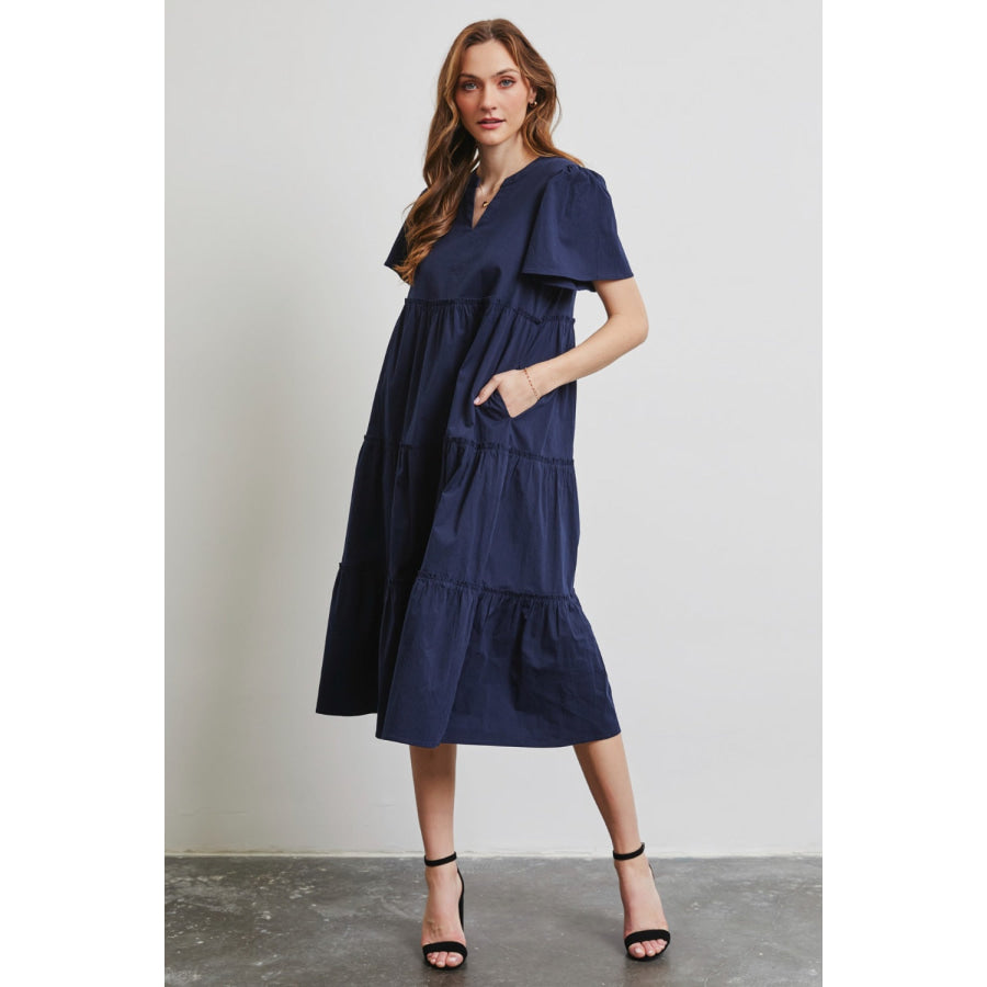 HEYSON Full Size Cotton Poplin Ruffled Tiered Midi Dress Navy / S Apparel and Accessories