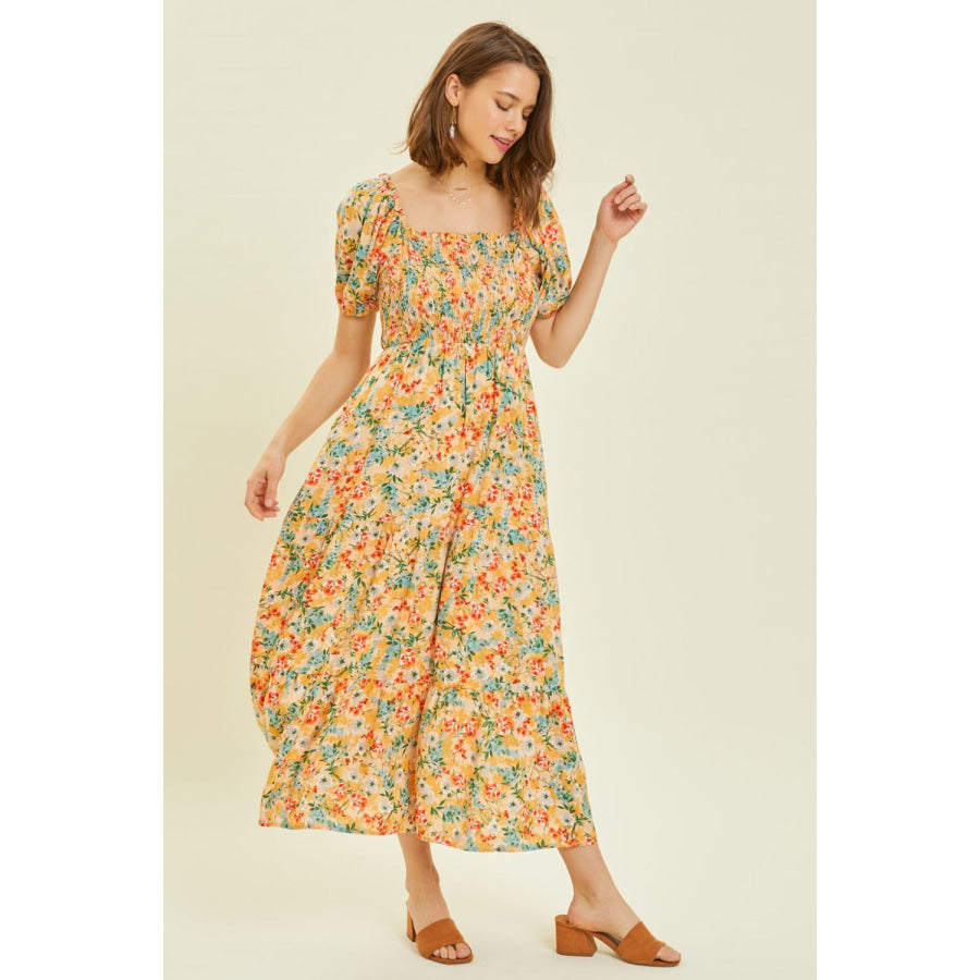 HEYSON Full Size Floral Smocked Tiered Midi Dress Apparel and Accessories
