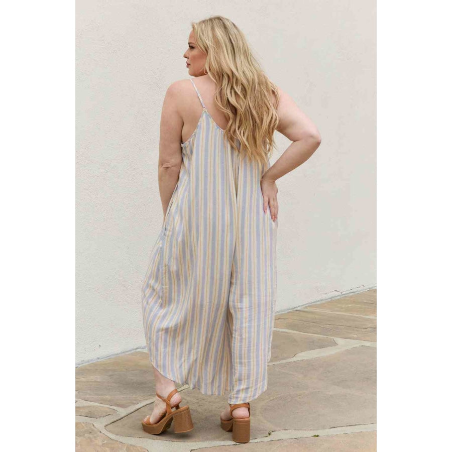 HEYSON Full Size Multi Colored Striped Jumpsuit with Pockets Clothing