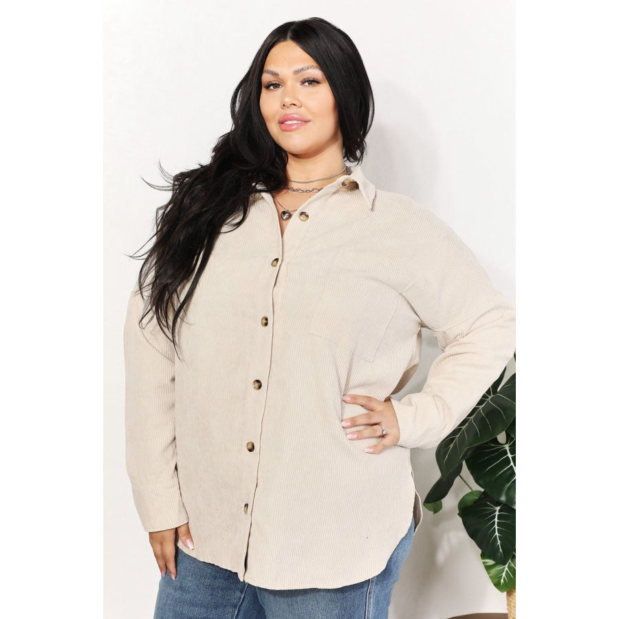 HEYSON Full Size Oversized Corduroy Button-Down Tunic Shirt with Bust Pocket Cream / S