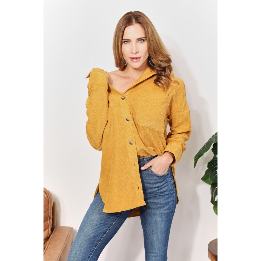 HEYSON Full Size Oversized Corduroy Button-Down Tunic Shirt with Bust Pocket Mustard / S