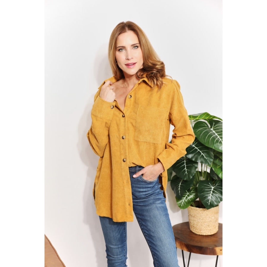 HEYSON Full Size Oversized Corduroy Button-Down Tunic Shirt with Bust Pocket