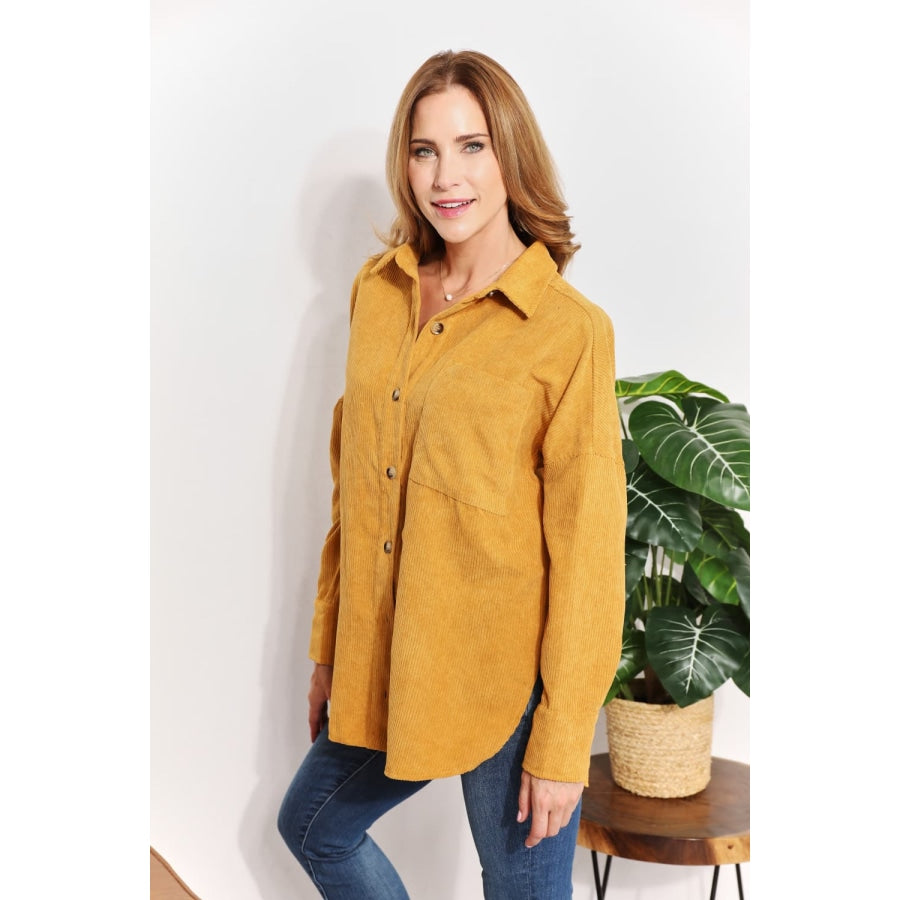 HEYSON Full Size Oversized Corduroy Button-Down Tunic Shirt with Bust Pocket
