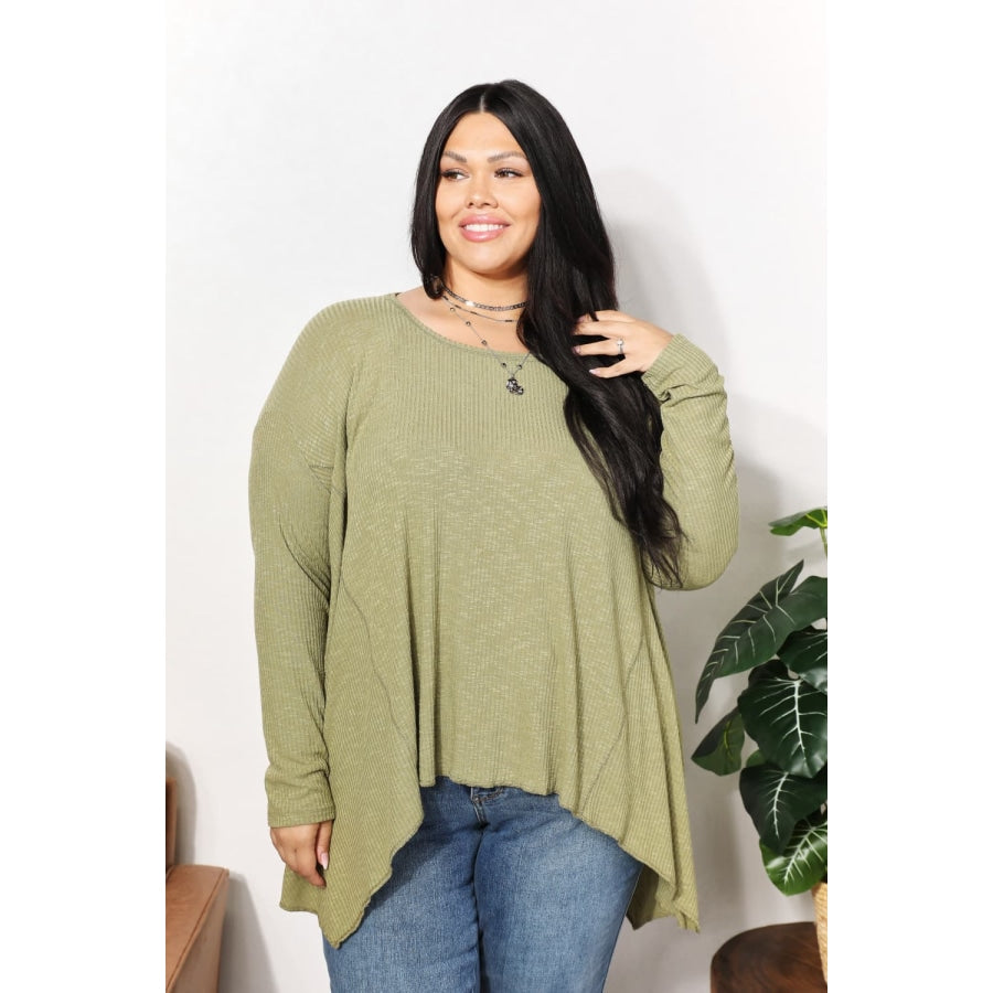 HEYSON Full Size Oversized Super Soft Rib Layering Top with a Sharkbite Hem and Round Neck Mist Green / S