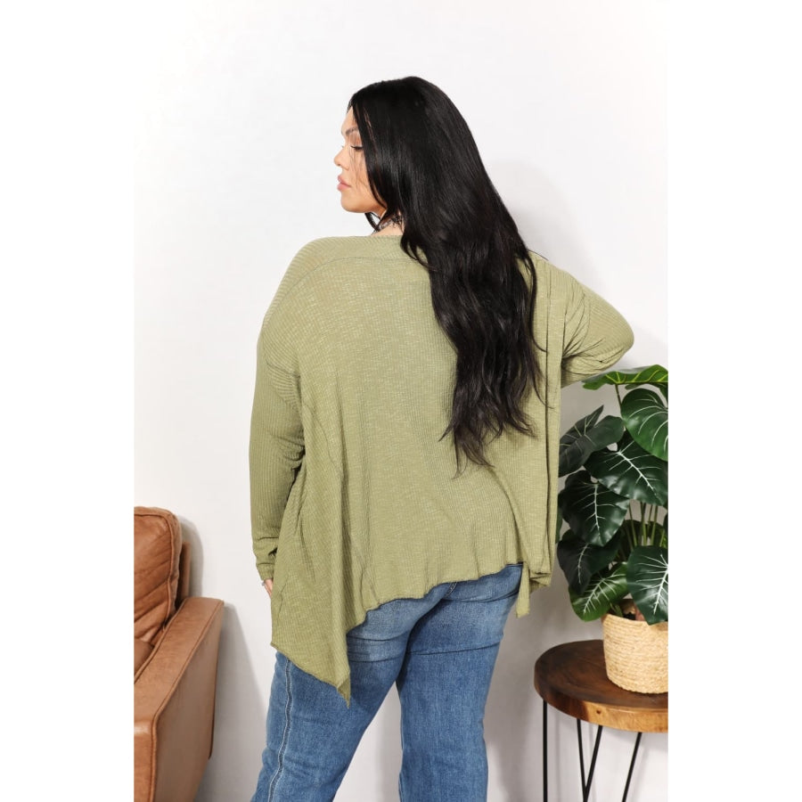 HEYSON Full Size Oversized Super Soft Rib Layering Top with a Sharkbite Hem and Round Neck Mist Green / S