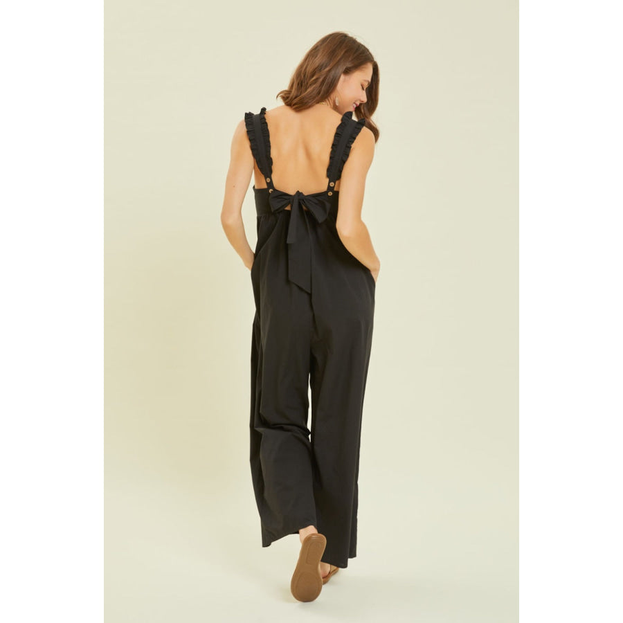 HEYSON Full Size Ruffled Strap Back Tie Wide Leg Jumpsuit Black / S Apparel and Accessories