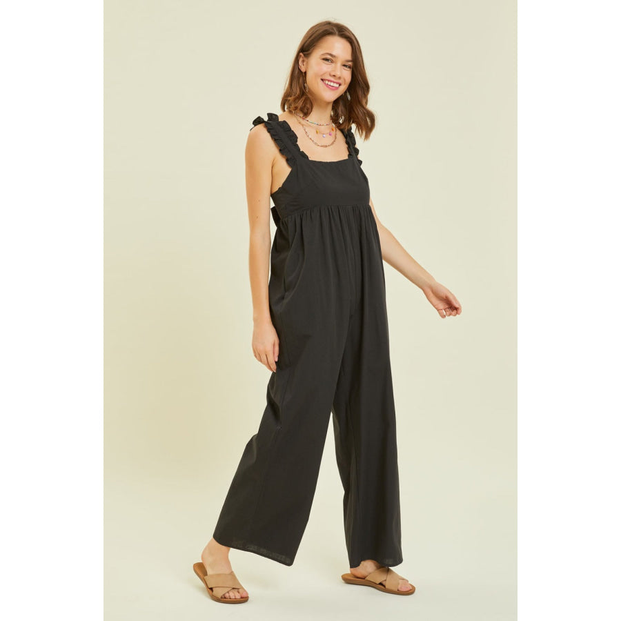 HEYSON Full Size Ruffled Strap Back Tie Wide Leg Jumpsuit Black / S Apparel and Accessories