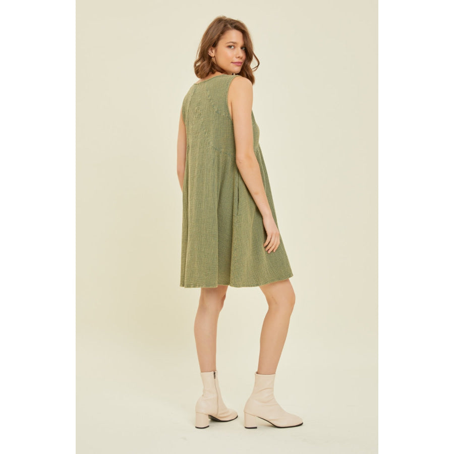 HEYSON Full Size Texture V - Neck Sleeveless Flare Mini Dress Green / S Apparel and Accessories