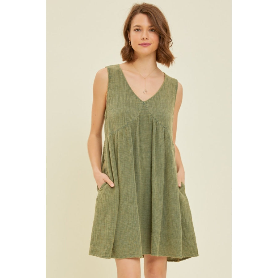 HEYSON Full Size Texture V - Neck Sleeveless Flare Mini Dress Green / S Apparel and Accessories