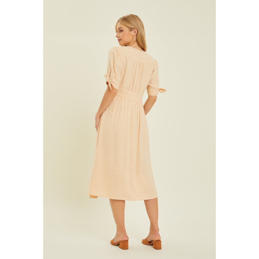 HEYSON Full Size Textured Linen V - Neck Button - Down Midi Dress Cream / S Apparel and Accessories