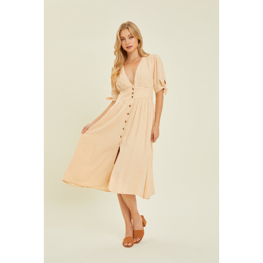 HEYSON Full Size Textured Linen V - Neck Button - Down Midi Dress Apparel and Accessories