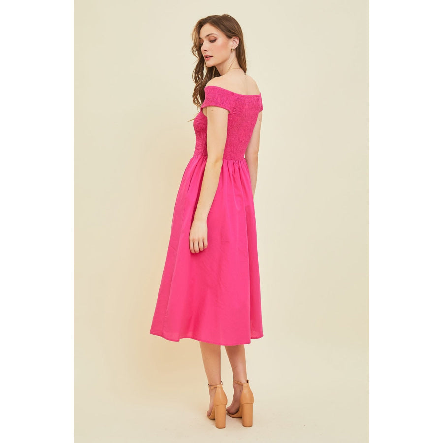 HEYSON Off - Shoulder Smocked Midi Dress Fuchsia / S Apparel and Accessories