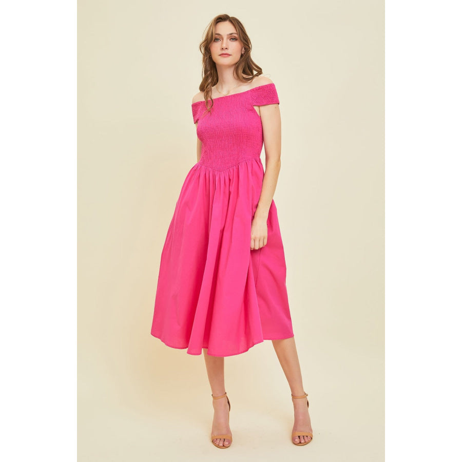 HEYSON Off - Shoulder Smocked Midi Dress Fuchsia / S Apparel and Accessories