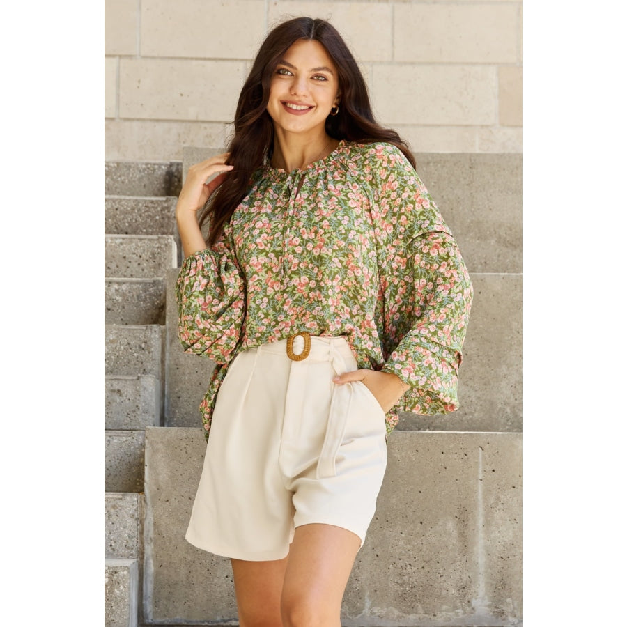 HEYSON She’s Blossoming Full Size Balloon Sleeve Floral Blouse