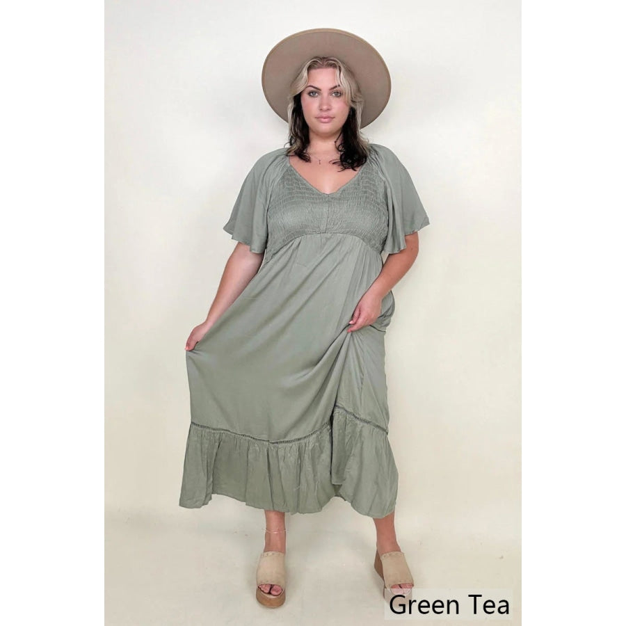 Heyson Smocked Bust Butterfly Sleeve Midi Dress with Pockets Green Tea / S Midi Dresses