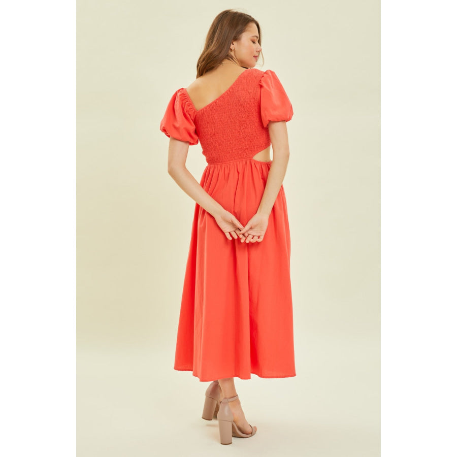 HEYSON Smocked Cutout Midi Dress Cherry Red / S Apparel and Accessories