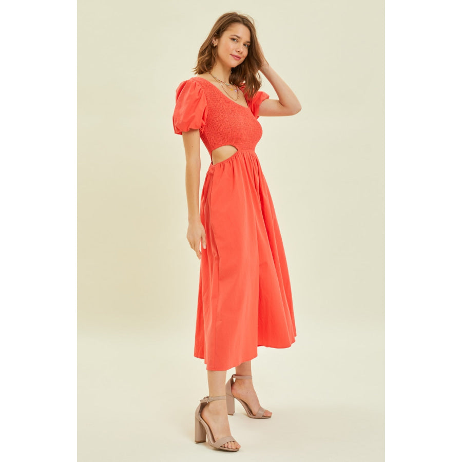 HEYSON Smocked Cutout Midi Dress Cherry Red / S Apparel and Accessories