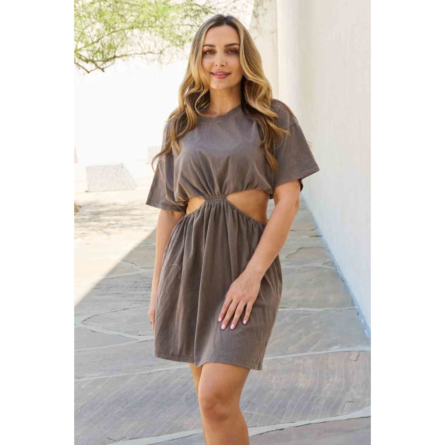 HEYSON Summer Field Cutout T-Shirt Dress in Taupe Taupe / S Clothing