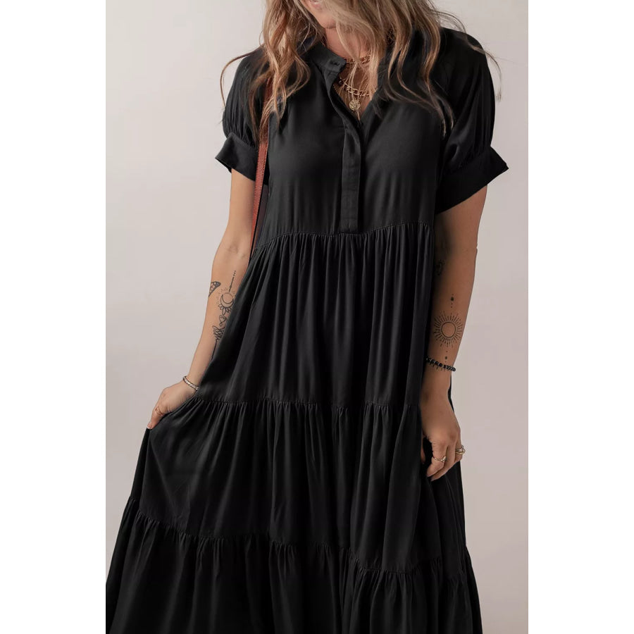 Hidden Buttons Short Sleeve Ruffle Tiered Long Flared Dress Apparel and Accessories