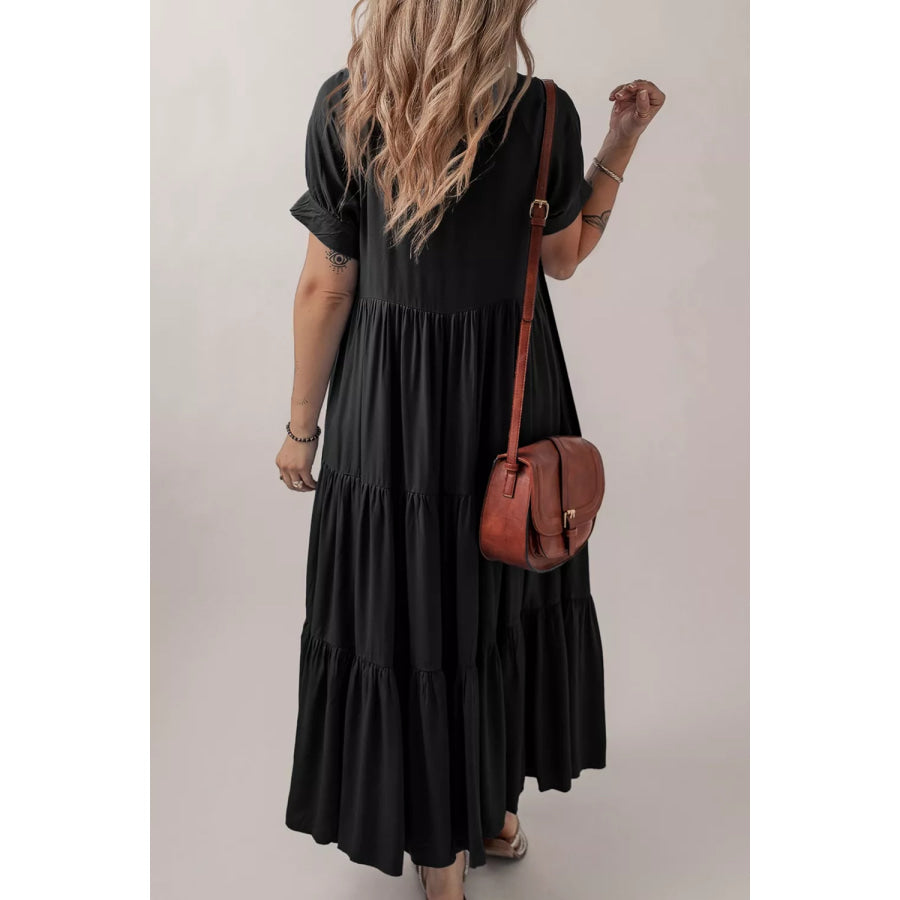 Hidden Buttons Short Sleeve Ruffle Tiered Long Flared Dress Apparel and Accessories