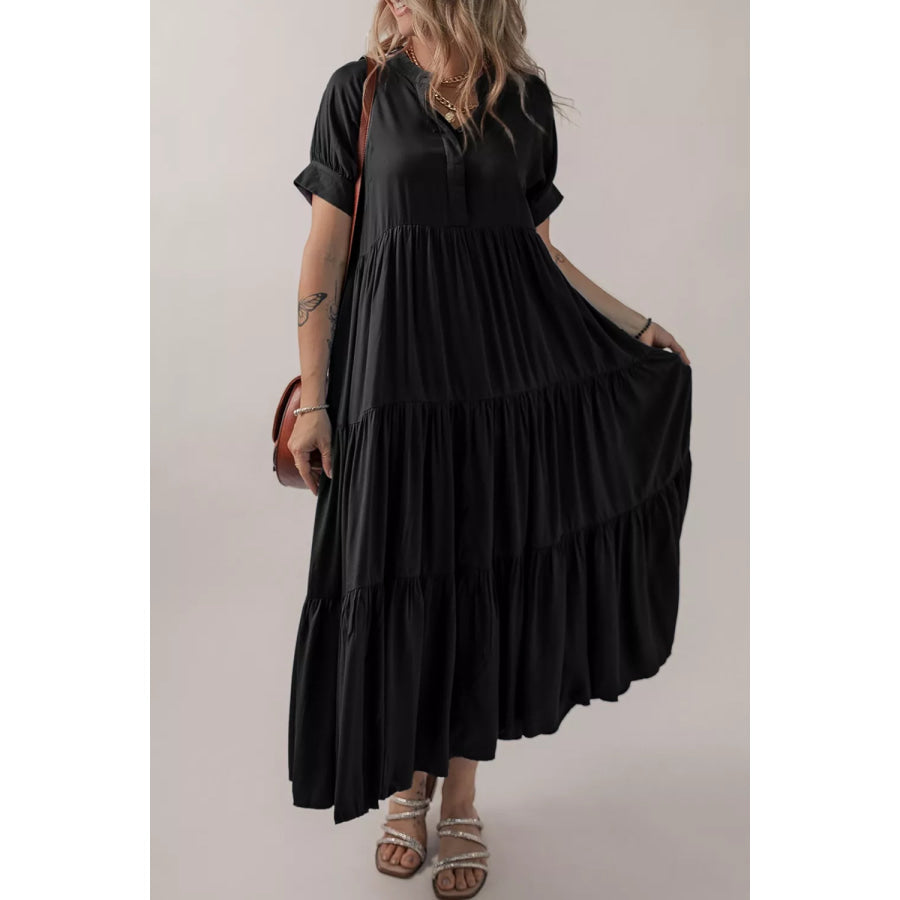 Hidden Buttons Short Sleeve Ruffle Tiered Long Flared Dress Black / S Apparel and Accessories