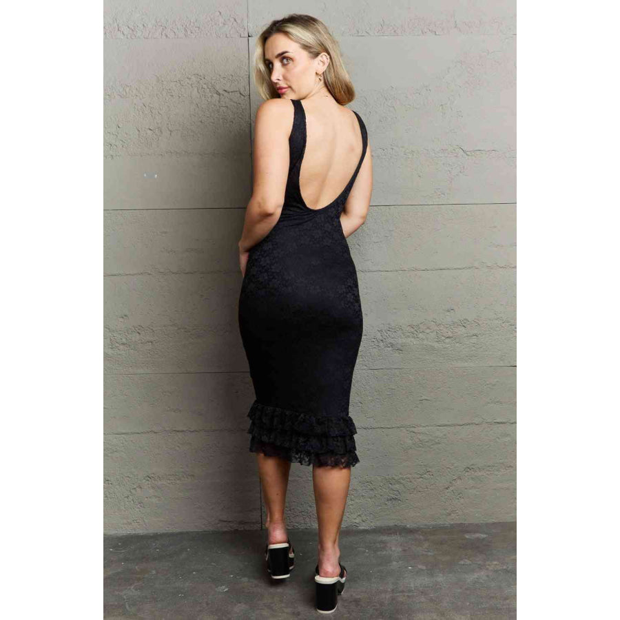 HIDDEN No Doubts Sleeveless Bodycon Ruffle Midi Dress Apparel and Accessories