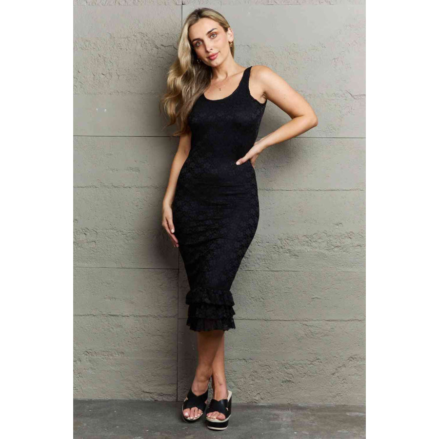 HIDDEN No Doubts Sleeveless Bodycon Ruffle Midi Dress Apparel and Accessories