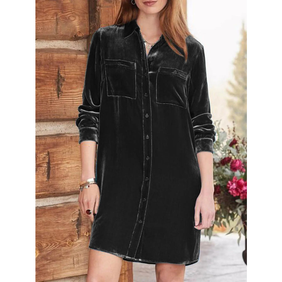 High-Low Button Up Long Sleeve Knee Length Dress Apparel and Accessories