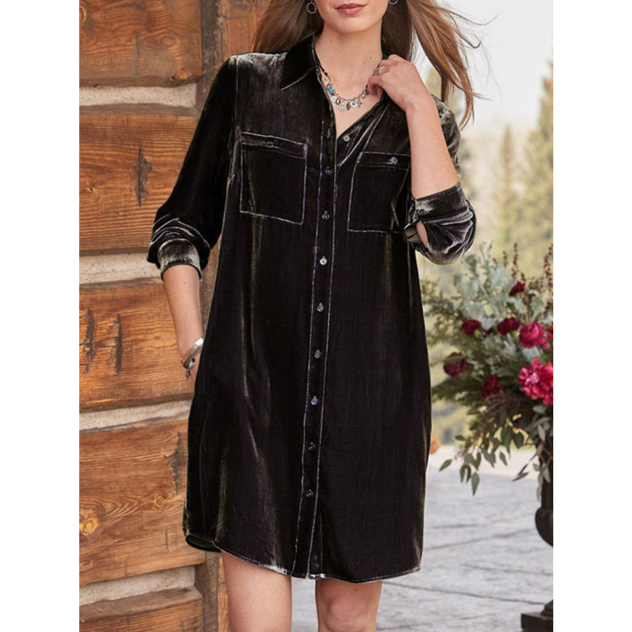 High-Low Button Up Long Sleeve Knee Length Dress Apparel and Accessories