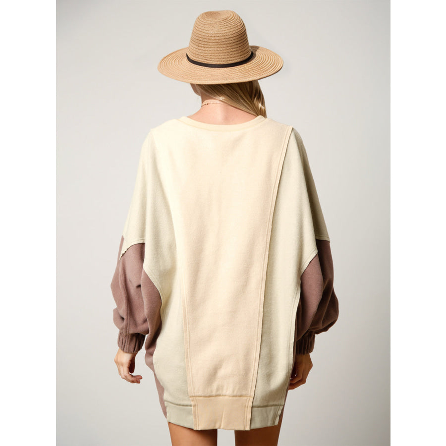 High-Low Contrast Notched Long Sleeve Sweatshirt Apparel and Accessories