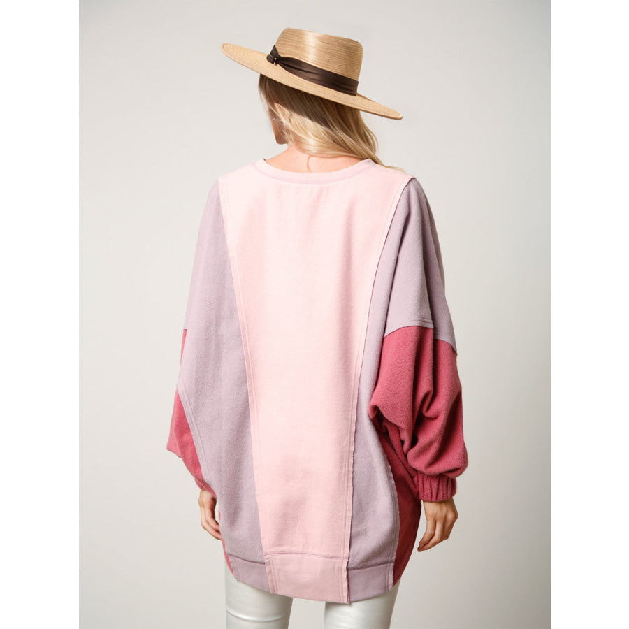 High-Low Contrast Notched Long Sleeve Sweatshirt Blush Pink / S Apparel and Accessories