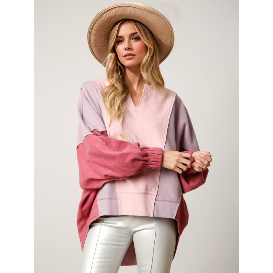 High-Low Contrast Notched Long Sleeve Sweatshirt Apparel and Accessories