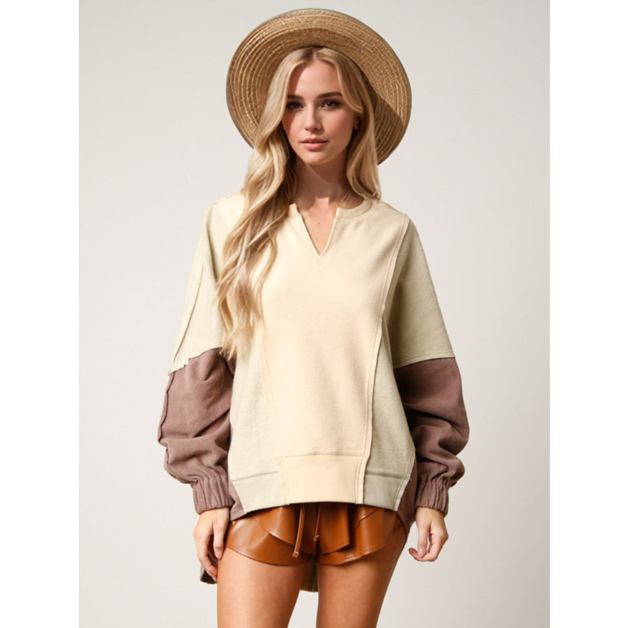 High-Low Contrast Notched Long Sleeve Sweatshirt Beige / S Apparel and Accessories