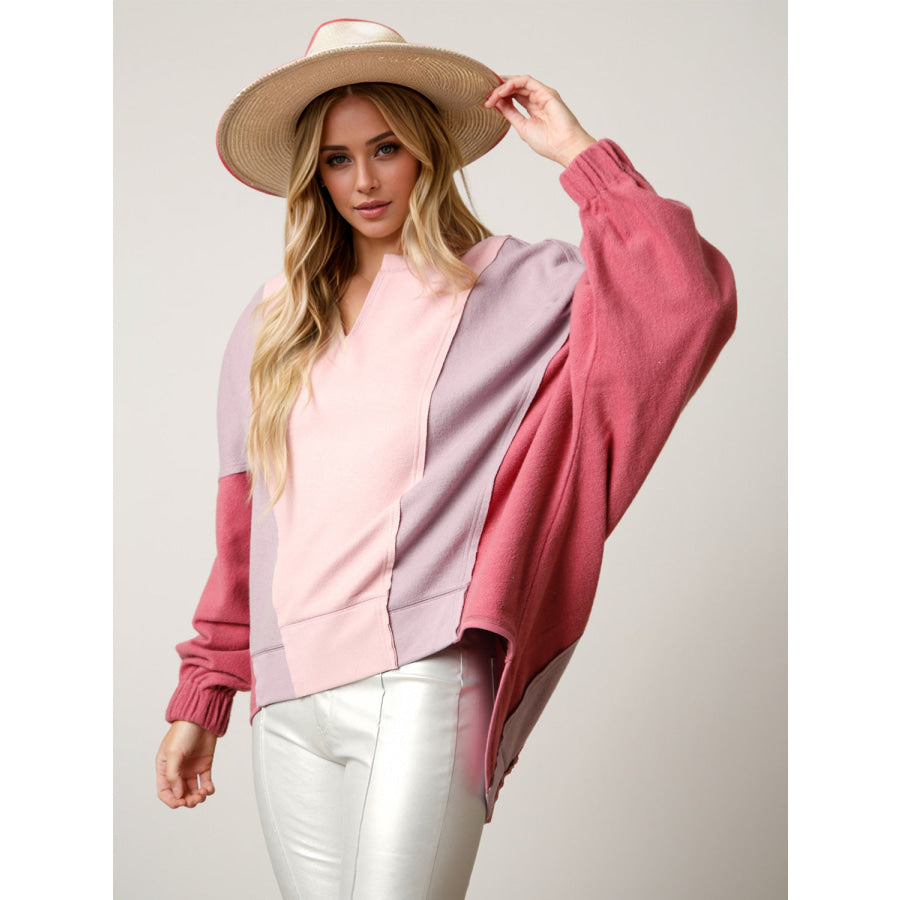 High-Low Contrast Notched Long Sleeve Sweatshirt Blush Pink / S Apparel and Accessories