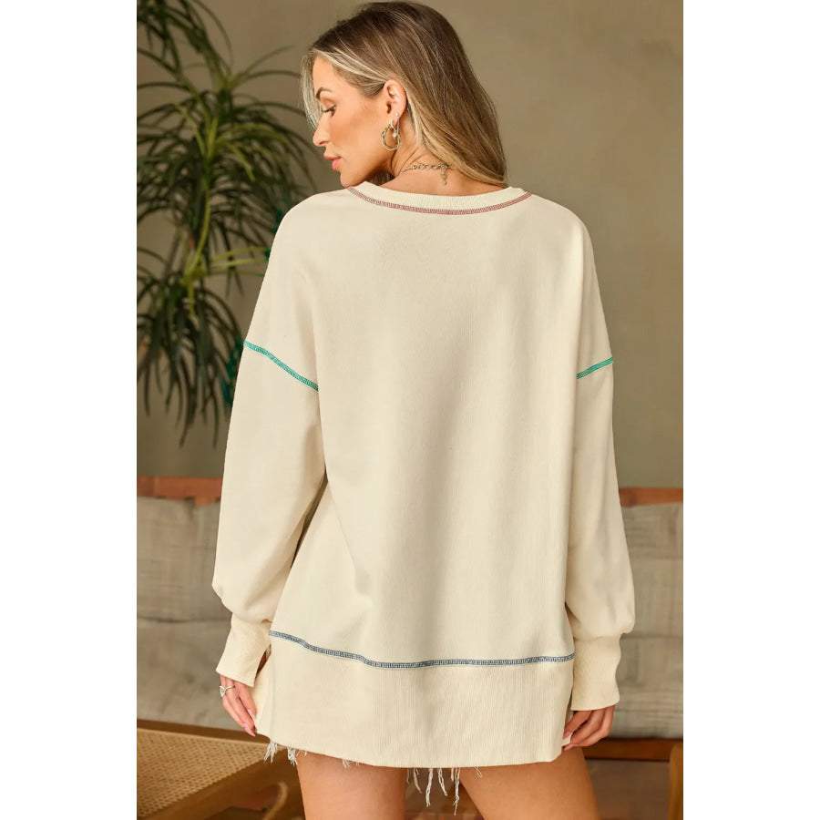 High-Low Contrast Stitching Round Neck Sweatshirt Beige / S Apparel and Accessories