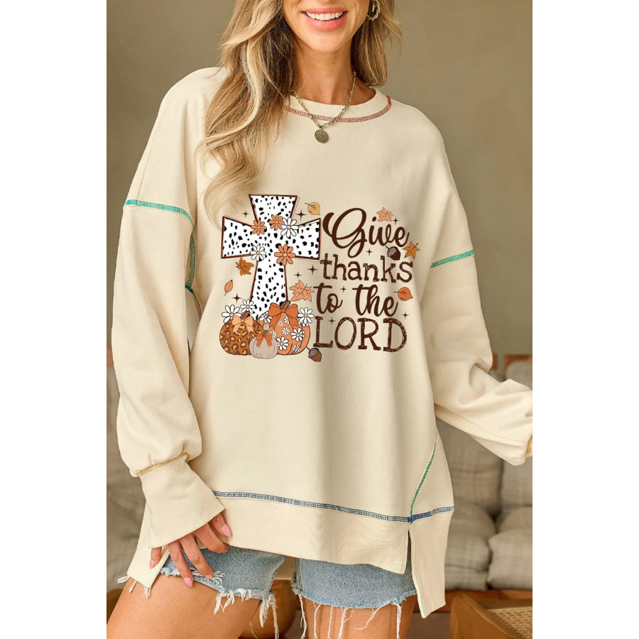 High-Low Contrast Stitching Round Neck Sweatshirt Beige / S Apparel and Accessories