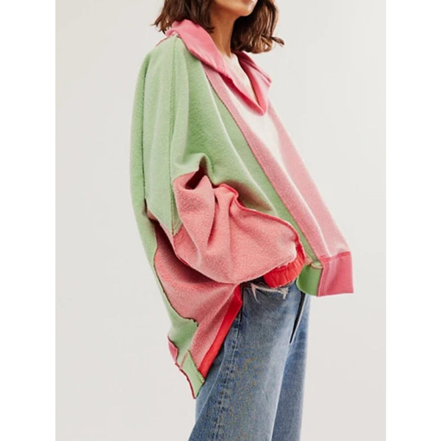 High-Low Exposed Seam Contrast Long Sleeve Sweatshirt Pink/Green / S Apparel and Accessories