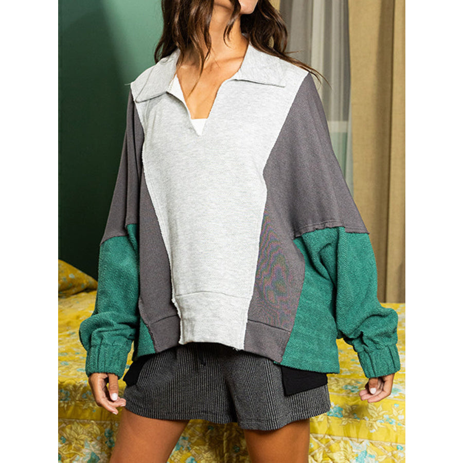 High-Low Exposed Seam Contrast Long Sleeve Sweatshirt Apparel and Accessories