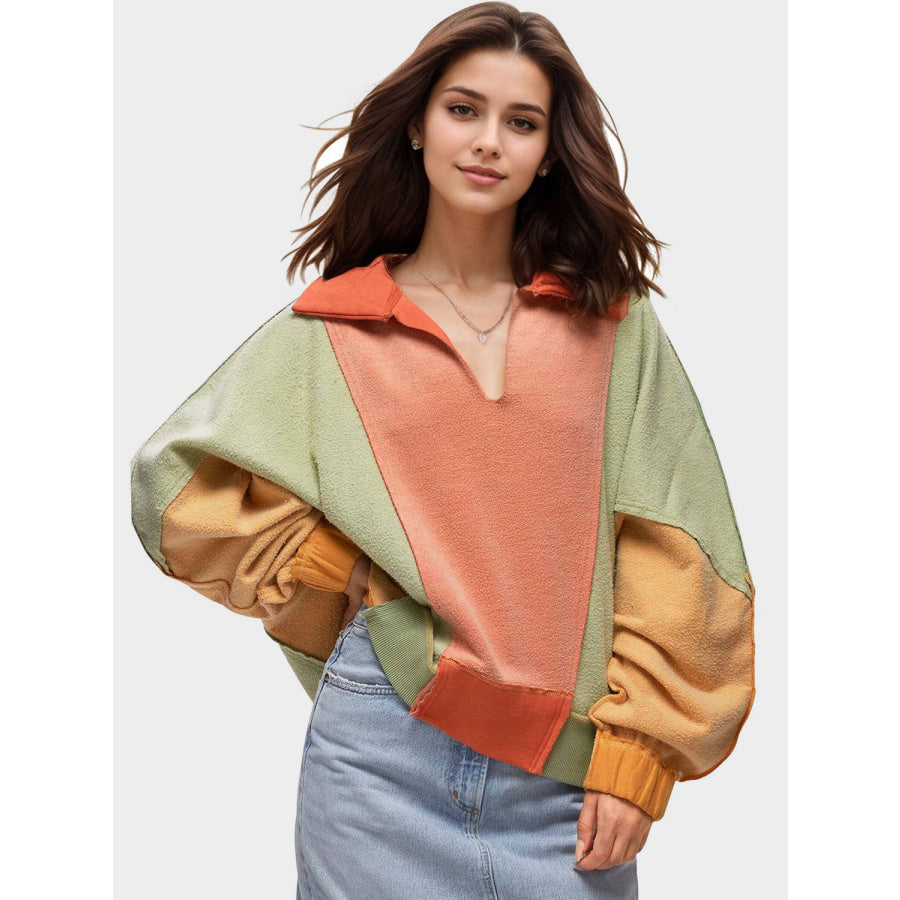 High-Low Exposed Seam Contrast Long Sleeve Sweatshirt Orange/Yellow / S Apparel and Accessories