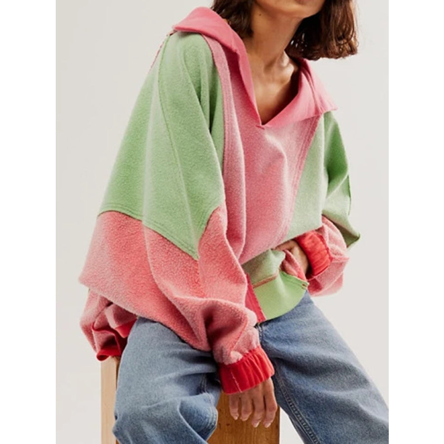 High-Low Exposed Seam Contrast Long Sleeve Sweatshirt Pink/Green / S Apparel and Accessories