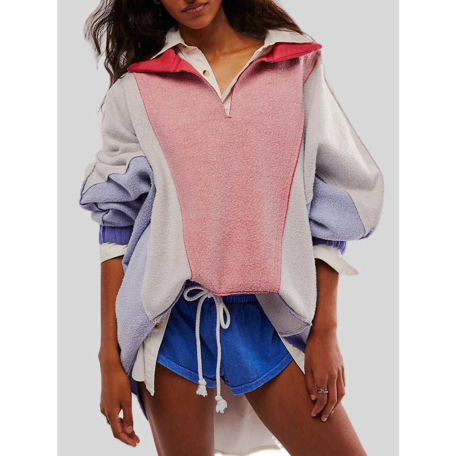 High-Low Exposed Seam Contrast Long Sleeve Sweatshirt Pink/White/Blue / S Apparel and Accessories