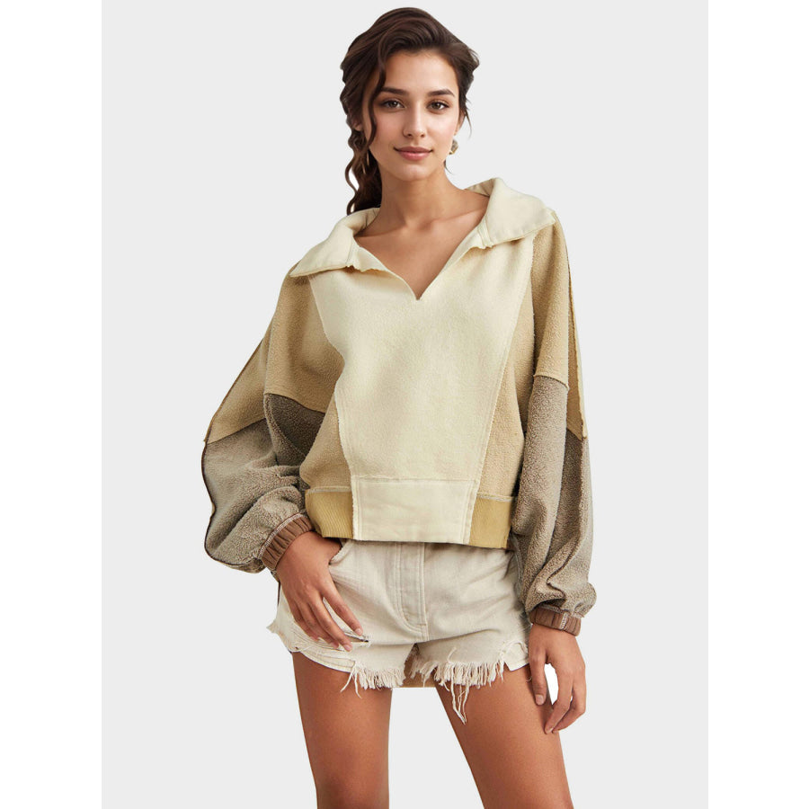 High-Low Exposed Seam Contrast Long Sleeve Sweatshirt Tan / S Apparel and Accessories