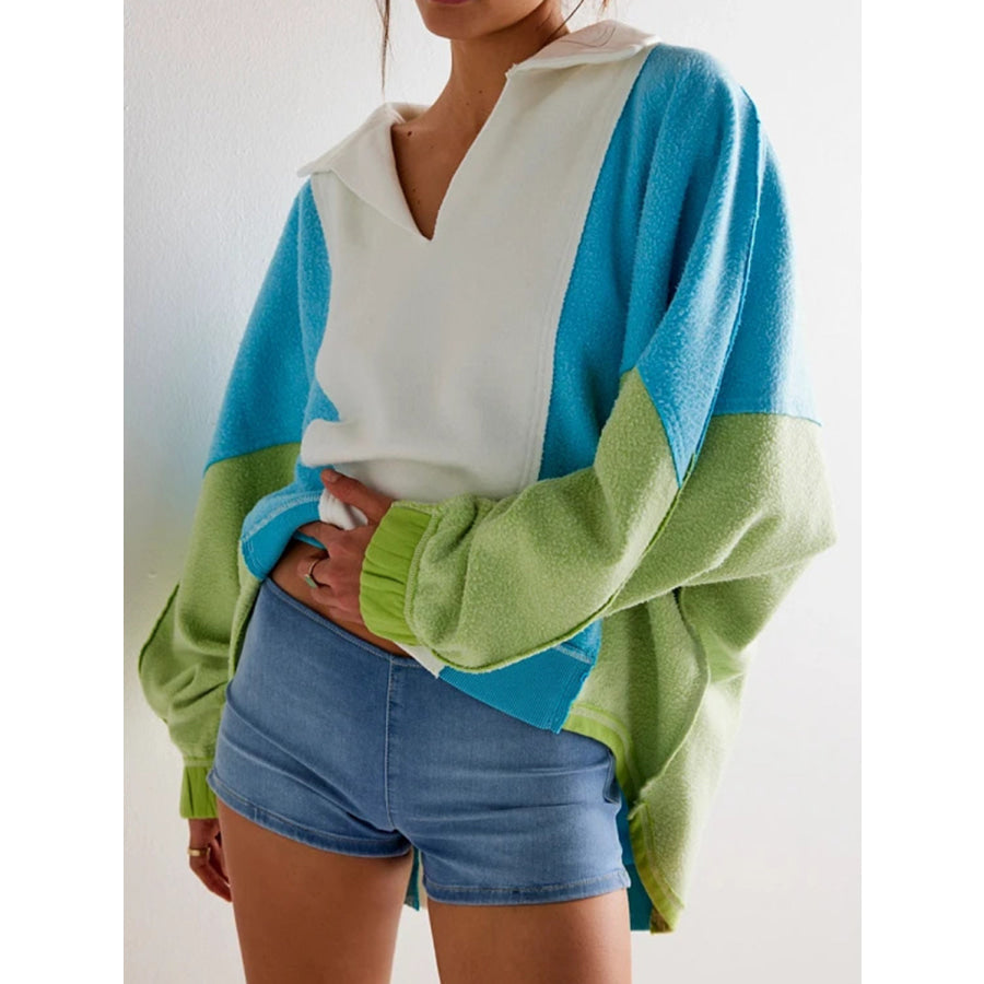 High-Low Exposed Seam Contrast Long Sleeve Sweatshirt White/Blue/Green / S Apparel and Accessories