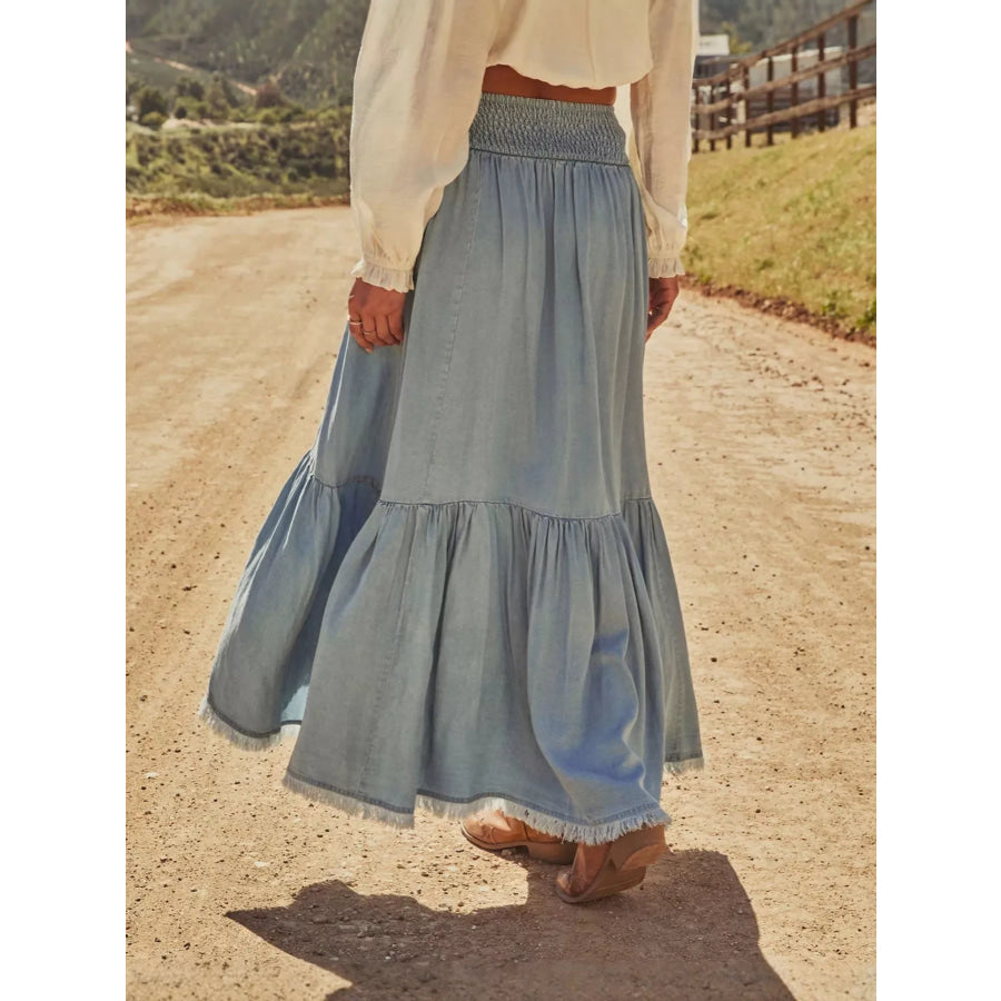 High-Low Frayed Hem Denim Skirt Apparel and Accessories