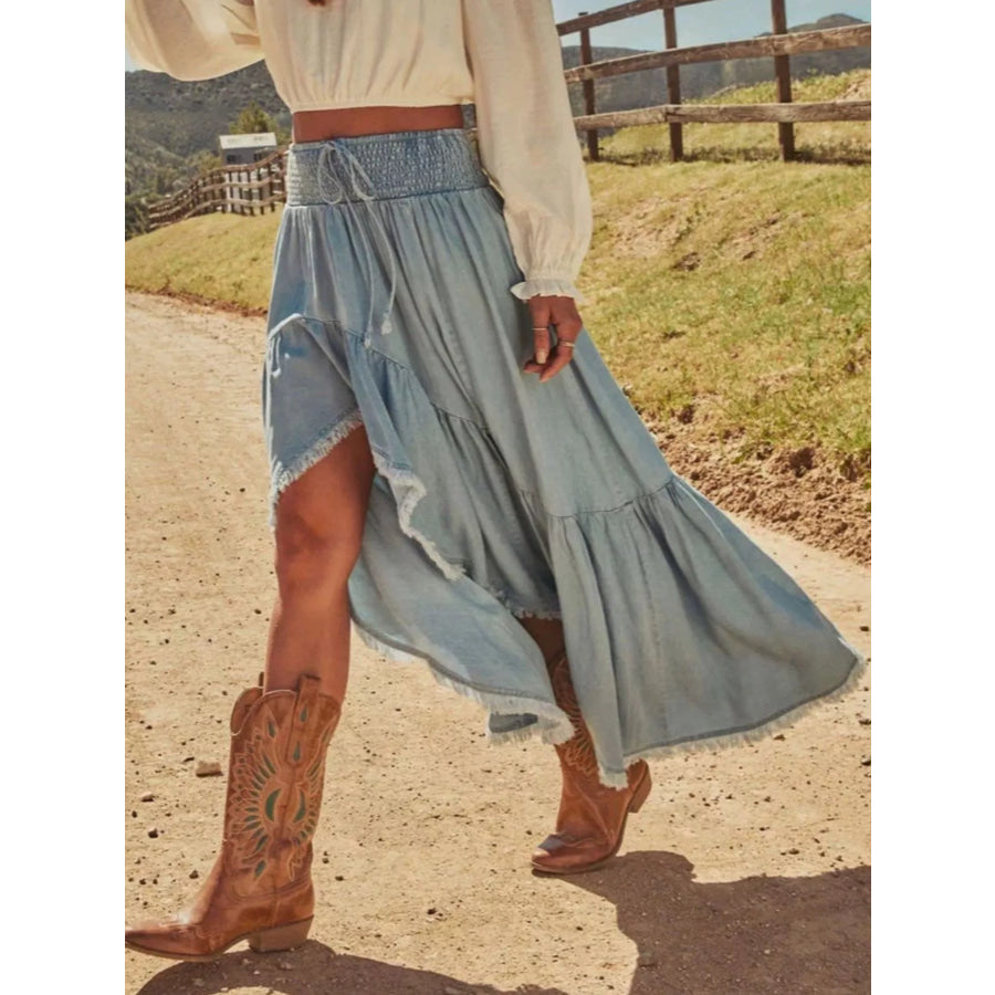 High-Low Frayed Hem Denim Skirt Apparel and Accessories