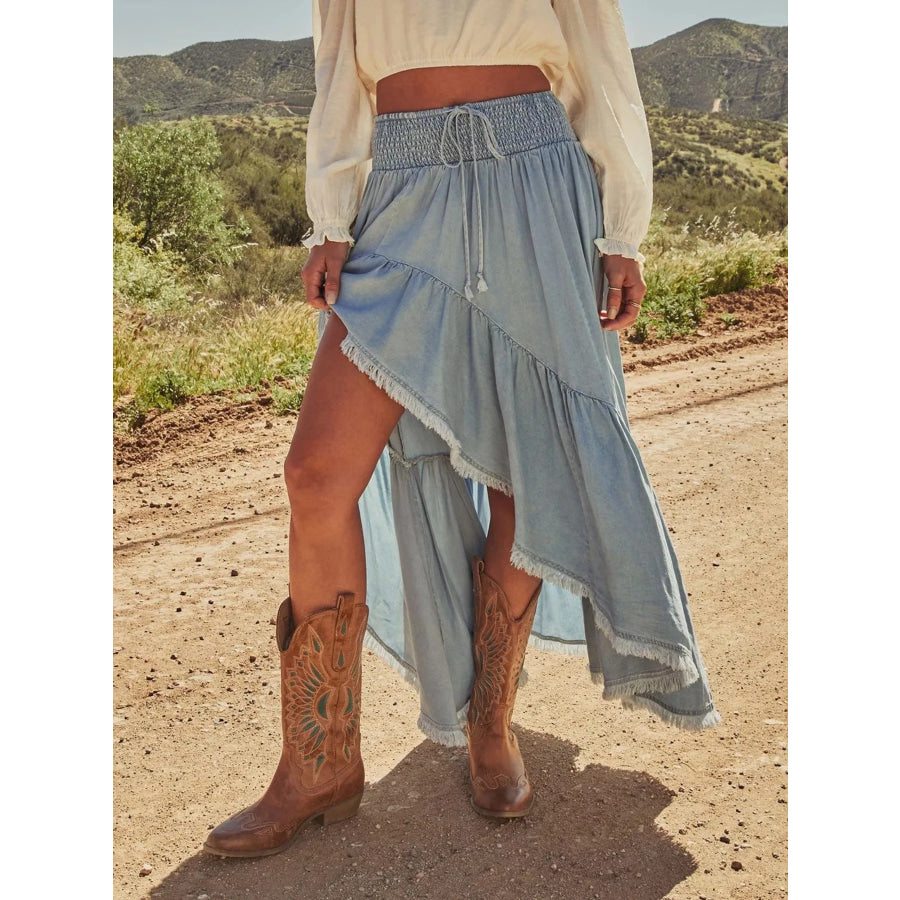 High-Low Frayed Hem Denim Skirt Light Blue / S Apparel and Accessories
