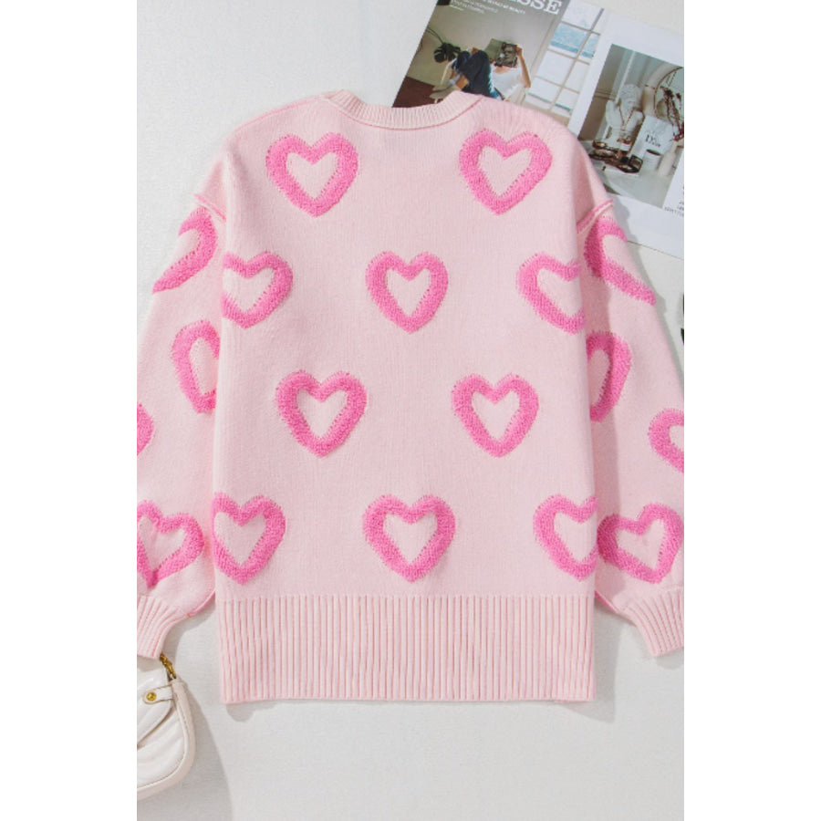 High-Low Heart Round Neck Long Sleeve Sweater Apparel and Accessories