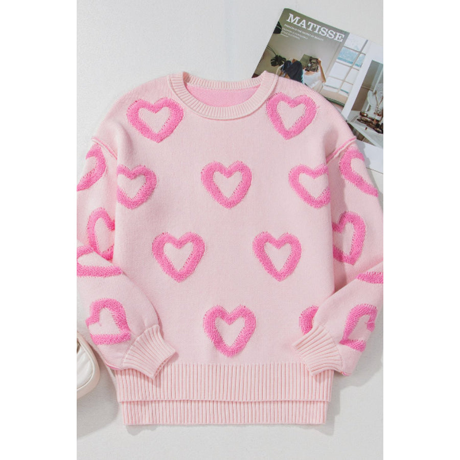 High-Low Heart Round Neck Long Sleeve Sweater Apparel and Accessories