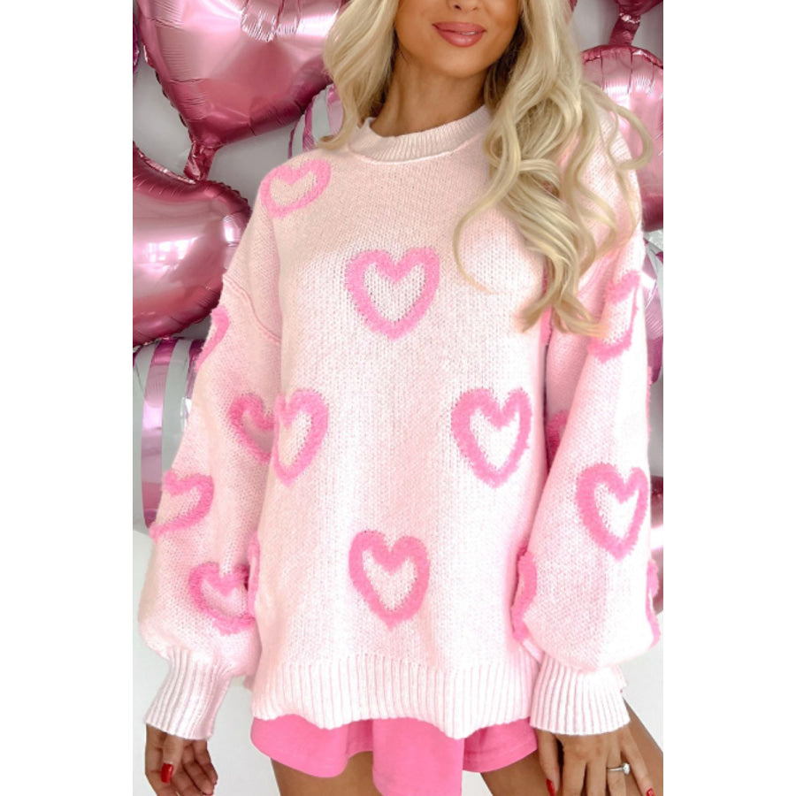 High-Low Heart Round Neck Long Sleeve Sweater Pink / S Apparel and Accessories